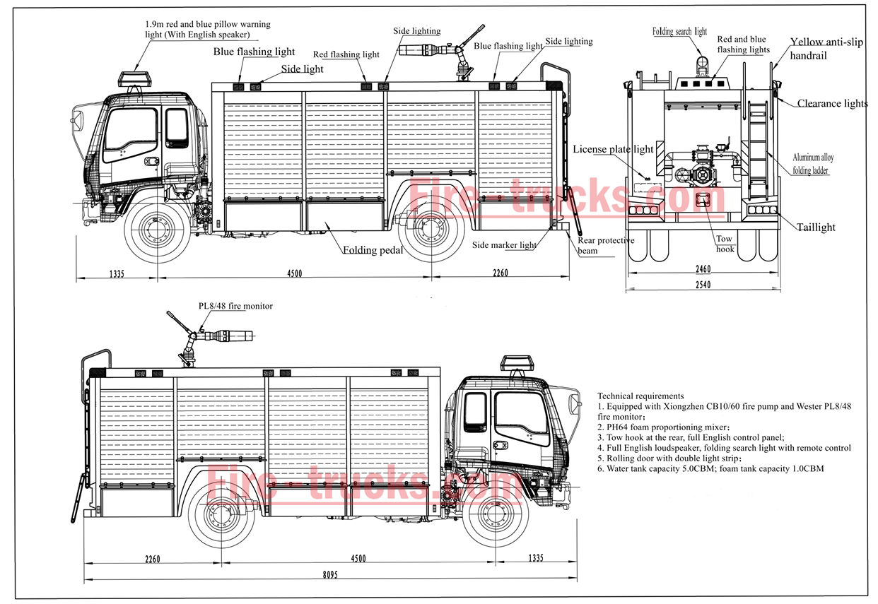 ISUZU FVR 6000L foam water fire truck technical drawing